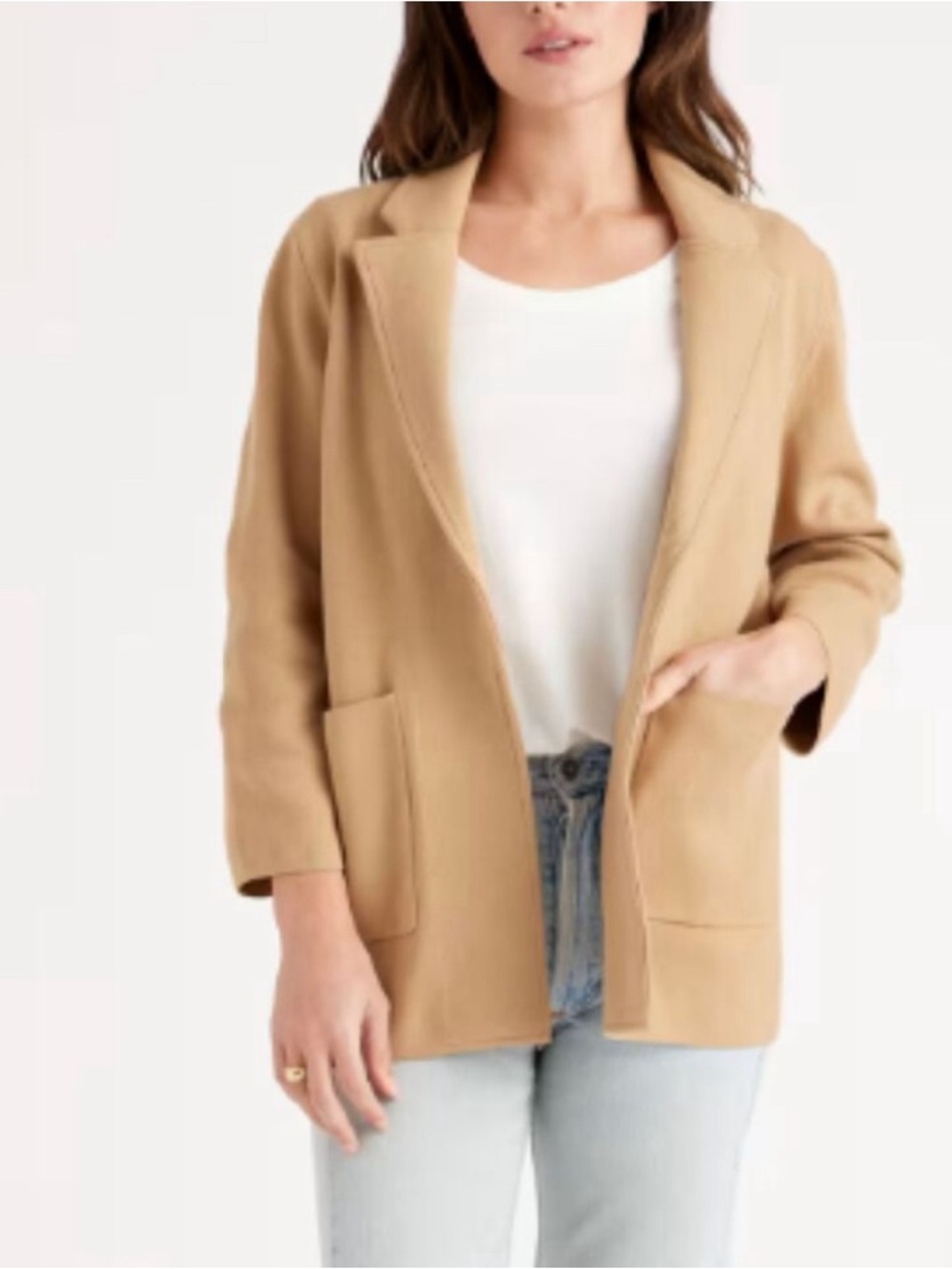 Quince Organic Cotton Knit Blazer Women’s Medium Tan Soft Casual Workwear- EUC